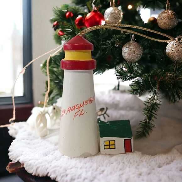 St Augustine FL Lighthouse Christmas Ornament Vintage Wooden Handpainted Coastal - Picture 10 of 13